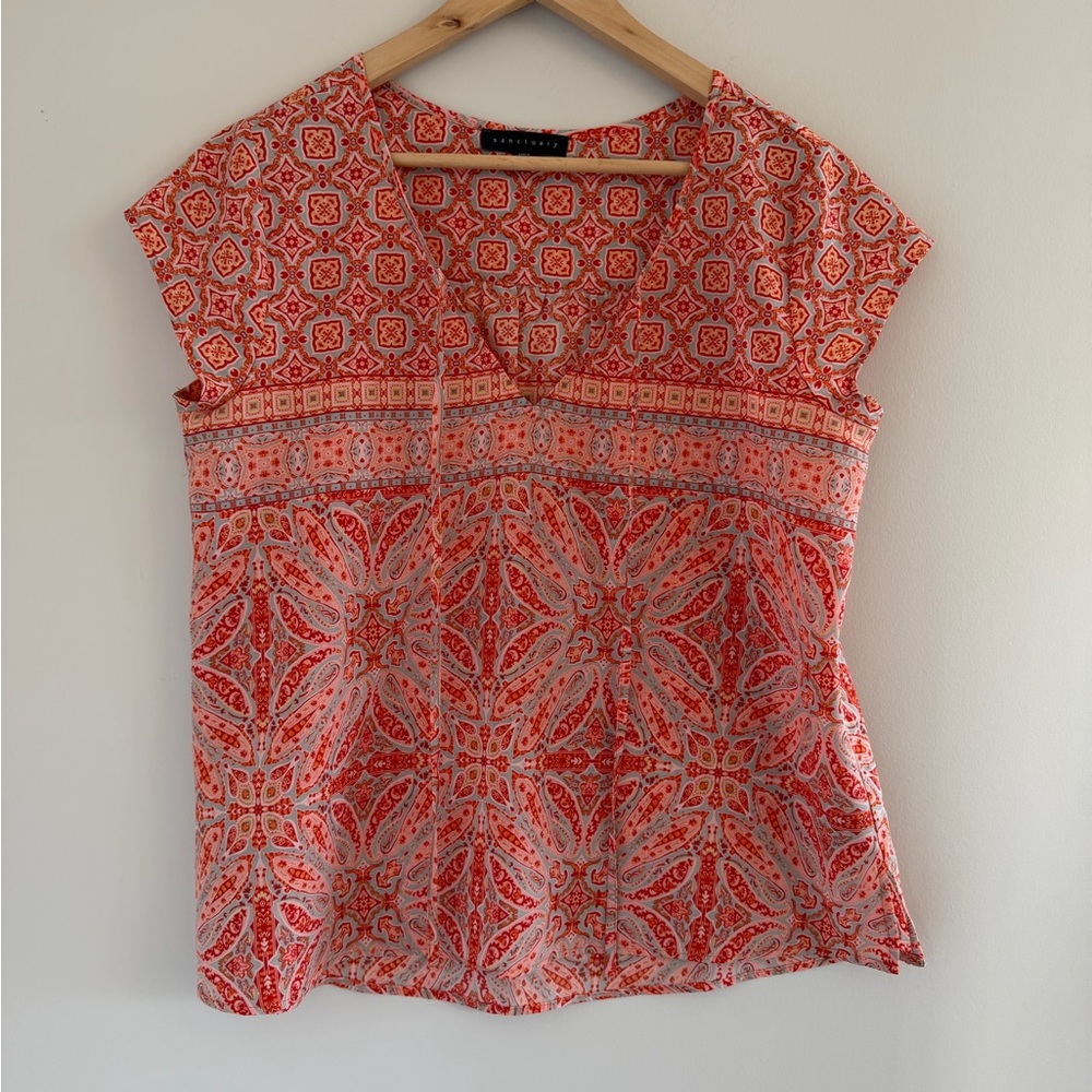 Sanctuary Bobo Mosaic Paisley Print Peasant Blouse Coral Pink‎ FestivalTop M - Picture 2 of 5